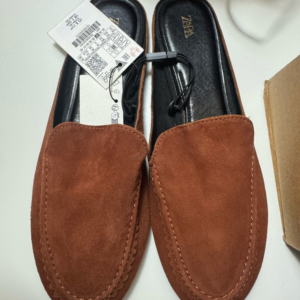 Zara Womens Tan Suede Slip-On Loafers